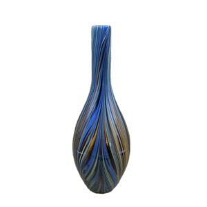 MCM Cased Art Glass Peacock Feather Striped Handblown Vase‎ Pontine Green Blue